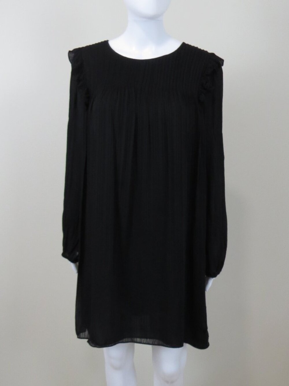 Wilfred Crepe Dress, Sheer Sleeves, Ruffle, Pintuck Pleating SIZE Large Black